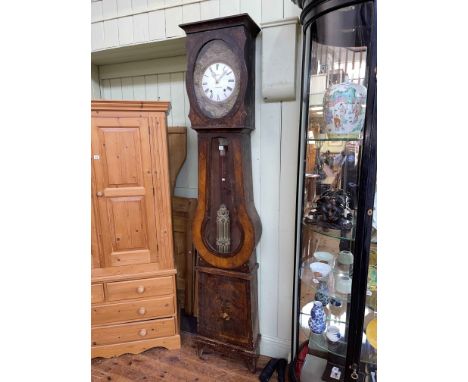 Antique French pokerwork cased eight day longcase clock having enamelled and gilt metal dial, 236cm.