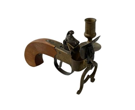 Flintlock tinder box pistol lighter with candle holder.