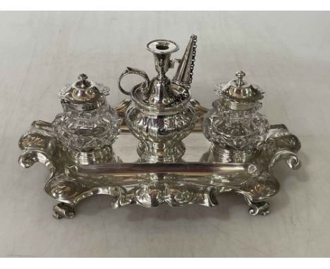 Early Victorian silver inkstand by Barnard Bros, London 1848, the striped stand with engraved decoration, pair bottles and ta