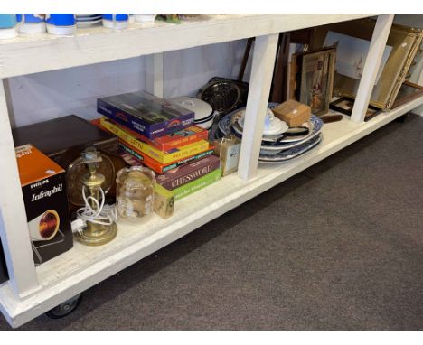 Collection of prints, jigsaws, blue and white meat plates, mantel clock, leather case, barometer, etc.
