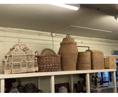 Collection of wicker baskets, wooden sculptures, cages, ornate pottery vases, hanging lantern, wall plaques, tools, mirrors, 