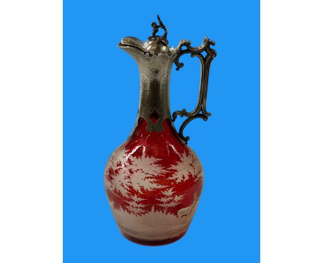 Bohemian ruby overlay glass claret jug with silver plated mount, 28cm high.