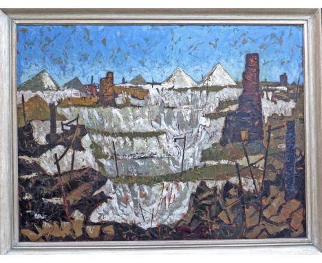 Douglas M Rawlings (1921 2003) oil on board 'Landscape of the China Clay open mining works near St Austell, Cornwall, showing