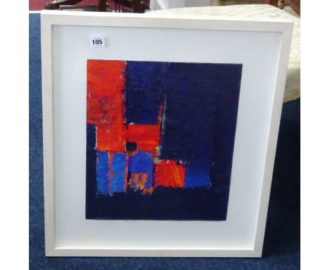Roger Large, mixed media on canvas untitled, orange patch painting, 40cm x 34cm, framed and glazed.