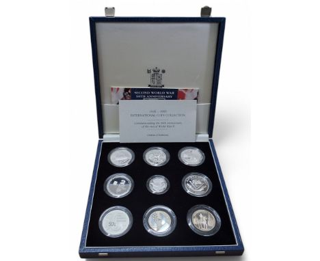 A Royal Mint Second World War 50th Anniversary 1945-1995 International Coin Collection, 925 silver proof coins, Aldernay £2, 