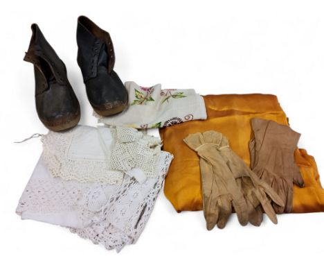 Linen and Lace - a mid 20th century orange bed throw;&nbsp; &nbsp;crochet table runner;&nbsp; &nbsp;lace collars;&nbsp; a pai