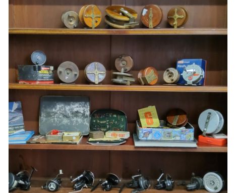 Angling interest - various Victorian and later reels, spools, lures, flies etc