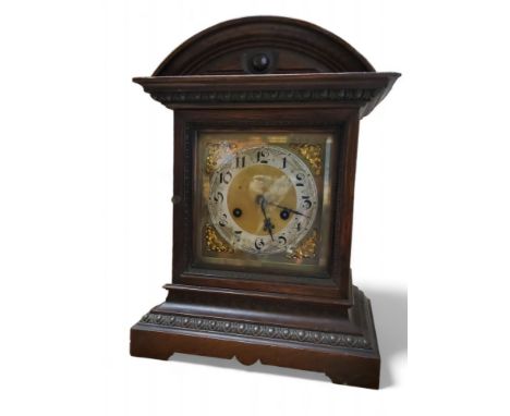 A late 19th century Jughans mantel clock, Arabic numerals, twin winding holes, eight day movement striking on a gong, 37cm hi