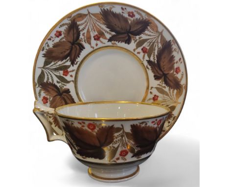 A Flight Barr and Barr Worcester teacup and saucer, painted with brown leaves and red flowers, impressed crowned FBB marks, c