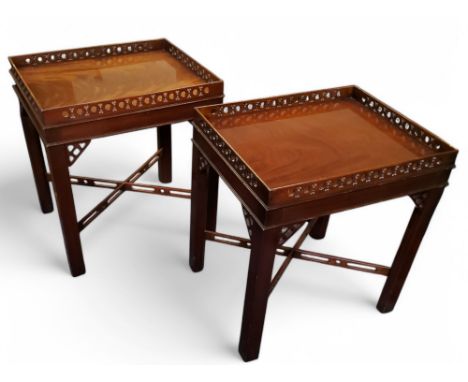 A pair of Chippendale Revival mahogany snd walnut occasional tables,&nbsp; pierced fretwork gallery, well figured surface, X-