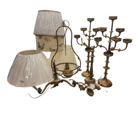 Lighting - a pair of Gothic Revival Ecclesiastical&nbsp; candelabra, pierced galleried drip pans, knopped columns, c.1870;&nb