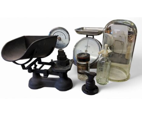 Salter 'coin checker' weighing scales, other kitchen scales;&nbsp; weights;&nbsp; a Victorian bell jar, 44cm high, 23cm diam;