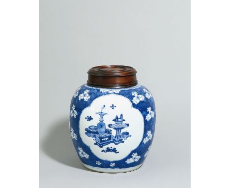 A BLUE AND WHITE JAR WITH COVER?PERIOD OF KANGXI Size: 26 cm (H) Stoutly potted, painted with houseware all reserved on a blu