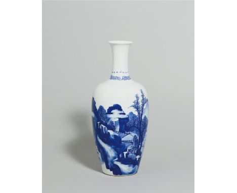 A BLUE AND WHITE ‘SCENERY’ VASE, PERIOD OF KANGXI Size: 22.2 cm (H) Of ovoid form with the gently rounded sides rising from a