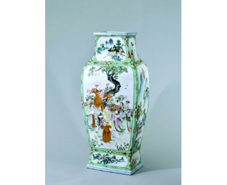 A FAMILLE-ROSE ‘IMMORTALS’ VASE QIANLONG MARK AND OF THE PERIOD the rectangular section baluster body rising from a spreading