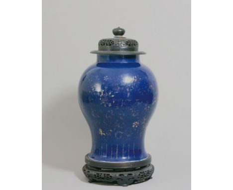 A DARK-BLUE-GLAZED ‘GENERAL JAR’, PERIOD OF KANGXI Size: 34.4 cm (H) Of baluster shape with a straight neck, covered overall 