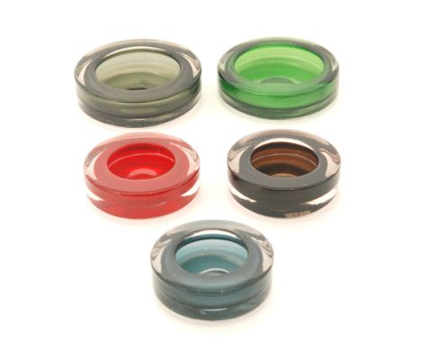 A collection of five Whitefriars straight sided glass bowls, pattern 9665, with examples in ruby, ocean green, cinnamon, midn