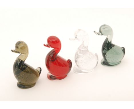 A group of four later 20th Century Whitefriars glass stylised duck figures with internal controlled air bubble decoration, co