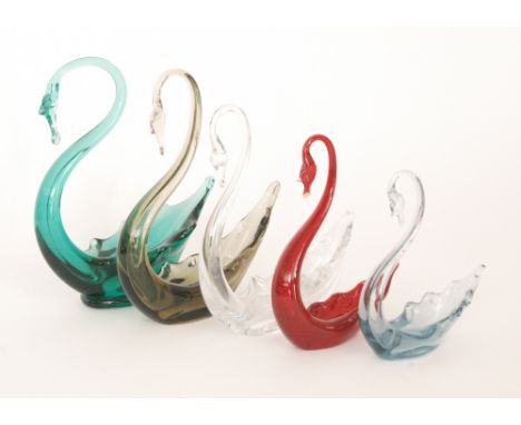 A group of five post war Whitefriars glass swan dishes with hand drawn bodies, including ruby, flint, emerald, twilight and a