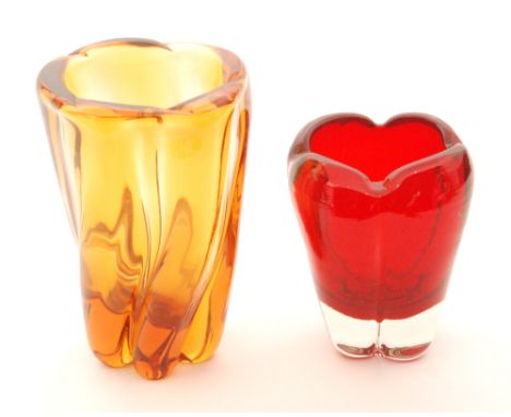 Two 20th Century Whitefriars glass vases designed by William Wilson, a pattern 9410 molar vase in ruby, height 15cm, and a pa
