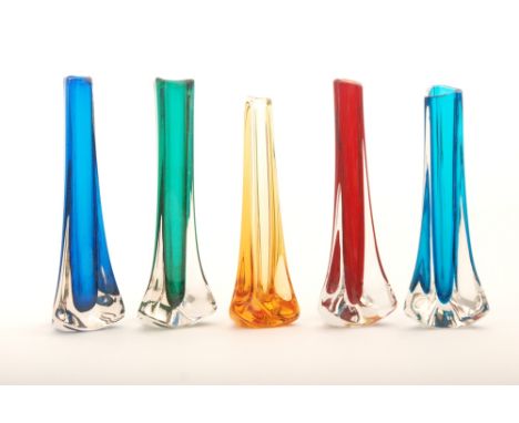 A collection of later 20th Century Geoffrey Baxter for Whitefriars pattern 9570 tricorn vases, comprising cased examples in r