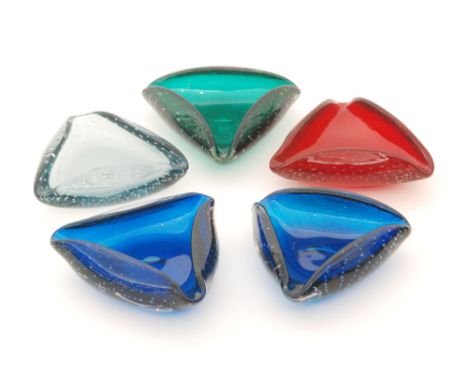 A group of five later 20th Century Whitefriars shape 9562 triangular glass bowls with internal controlled air bubble decorati