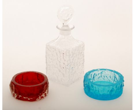 A 20th Century Geoffrey Baxter for Whitefriars Textured range 'Glacier' decanter, height 28cm, together with two bowls from t