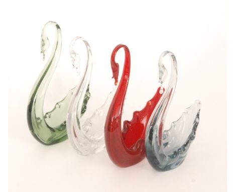 A group of four post war Whitefriars glass swan dishes with hand drawn bodies, including sea green, flint, pewter and ruby, t