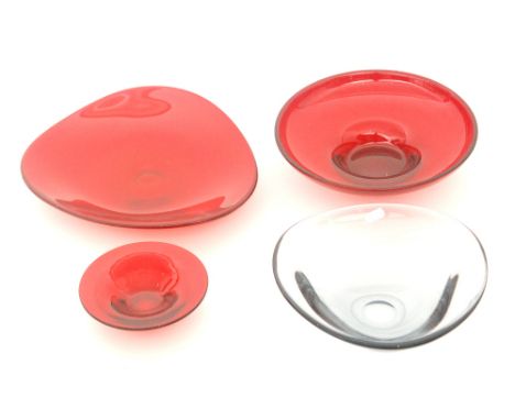 A later 20th Century Geoffrey Baxter for Whitefriars pattern 9588 shallow three sided bowl in ruby, diameter 32cm, together w