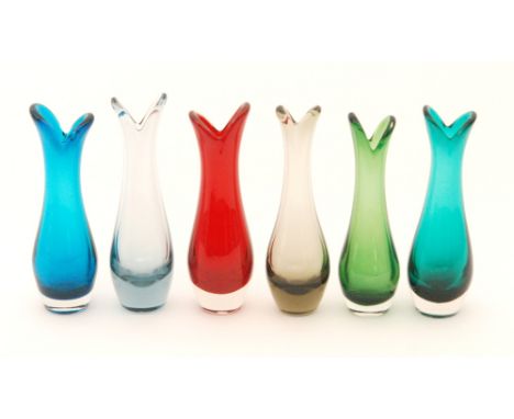 A group of six Geoffrey Baxter for Whitefriars pattern 9556 'beak' vases, comprising examples in ruby, meadow green, kingfish