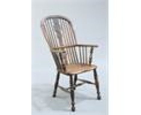 A 19TH CENTURY ELM AND OAK HIGH-BACK WINDSOR ARMCHAIR, the back with pierced splat and spindles, raised on bobbin turned balu