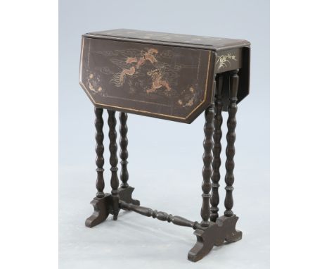 A 1920S CHINOISERIE LACQUER DROP LEAF OCCASIONAL TABLE, with bobbin turned gateleg stand. 69cm high by 64cm wide (open) by 55