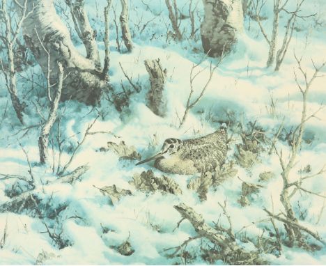 WILLIAM HOLLYWOOD (1923-1990), SNIPE IN WINTER WOODLAND, limited edition print, signed and numbered 47/500 in pencil, framed.