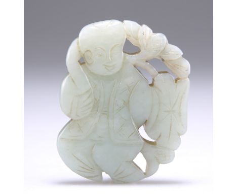 A CHINESE CARVED AND PIERCED JADE PLAQUE, depicting a figure holding a sprig of foliage. 5.5cm