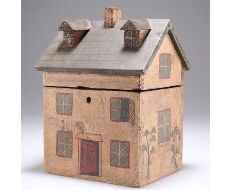 A GEORGE III STYLE NOVELTY PAINTED TEA CADDY, IN THE FORM OF A HOUSE, with a vacant interior. 22cm high, 16.5cm wide, 14cm de