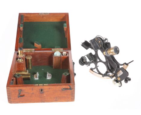 A 19TH CENTURY SEXTANT, BY H. HUGHES &amp; SON, LONDON, serial number 37403, black lacquered frame and brass mounted, signed 