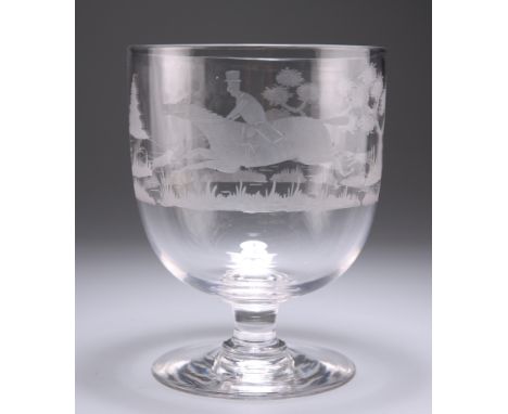 A LARGE CONTINENTAL ETCHED GLASS GOBLET, the large bucket bowl etched with a fox hunting scene, probably late 19th Century. 1