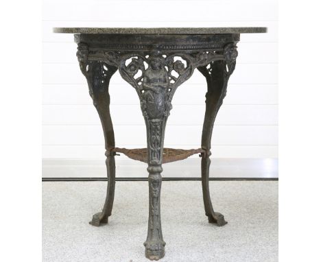 A VICTORIAN BRITANNIA CAST IRON PUB TABLE, now with a circular granite top. 75.5cm high, 75cm diameter of topThe absence of a