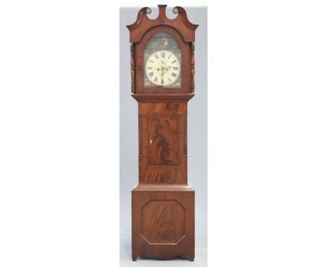 A 19TH CENTURY MAHOGANY 8-DAY LONGCASE CLOCK, the 13.5-inch painted break arch dial with subsidiary seconds and date calendar