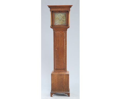 AN 18TH CENTURY OAK 30-HOUR LONGCASE CLOCK, the 9.3/4-inch square brass dial signed W Palmer and with single pointer, the cen