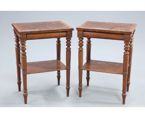 A PAIR OF VICTORIAN MAHOGANY OCCASIONAL TABLES, the crossbanded and flame mahogany rectangular tops above a frieze drawer, ra