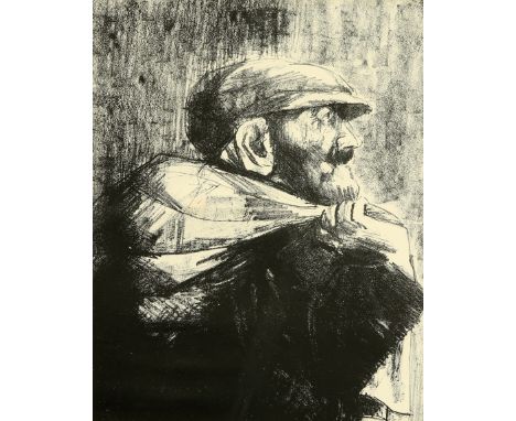 AFTER EVA FRANKFURTHER (1930-1959), MAN CARRYING A SACK, lithograph, Boundary Gallery label verso, framed. 38cm by 27cm