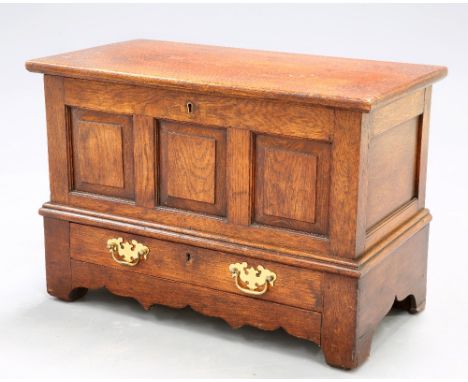 A SMALL PERIOD STYLE OAK COFFER, the rectangular top above a three panel front over a base drawer with brass backplate handle
