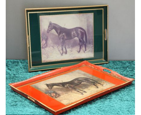 TWO MID-CENTURY PAINTED WOODEN GALLERIED TRAYS, rectangular, each decorated with a print of the racehorse 'Dante' after A.G. 