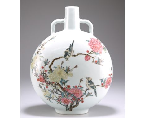 A CHINESE PORCELAIN MOON FLASK, typical form with scroll handles, painted to one side with a pair of birds on a bough of peon