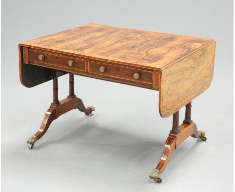 A FINE REGENCY SATINWOOD INLAID AND YEW WOOD CROSSBANDED ROSEWOOD SOFA TABLE, IN THE MANNER OF GILLOWS, the rectangular drop 