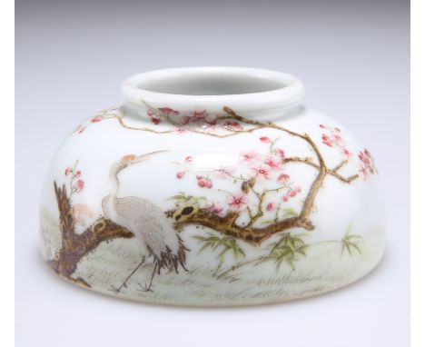 A CHINESE FAMILLE ROSE PORCELAIN BRUSH WASHER, squat circular form, enamel painted a crane standing beside prunus blossom, to