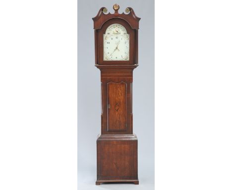 AN EARLY 19TH CENTURY OAK AND MAHOGANY 30-HOUR LONGCASE CLOCK, the 13-inch painted break arch dial, signed 'Terry Ripon', wit