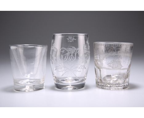 THREE 19TH CENTURY GLASS TUMBLERS, including an engraved Sunderland Bridge example, with dedication inscription to 'Augustus.