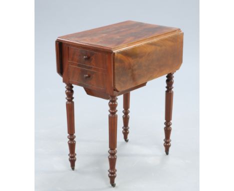 AN EARLY 19TH CENTURY MAHOGANY DROPLEAF OCCASIONAL TABLE, the flame mahogany top with canted corners over a pair of short dra